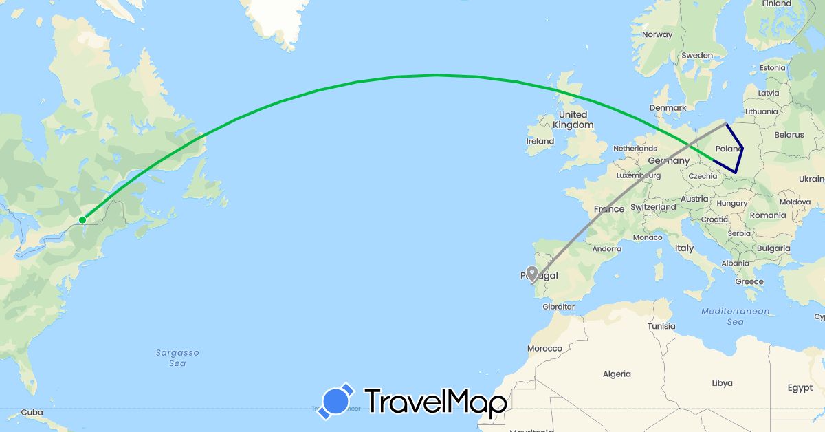 TravelMap itinerary: driving, bus, plane in Canada, Poland, Portugal (Europe, North America)